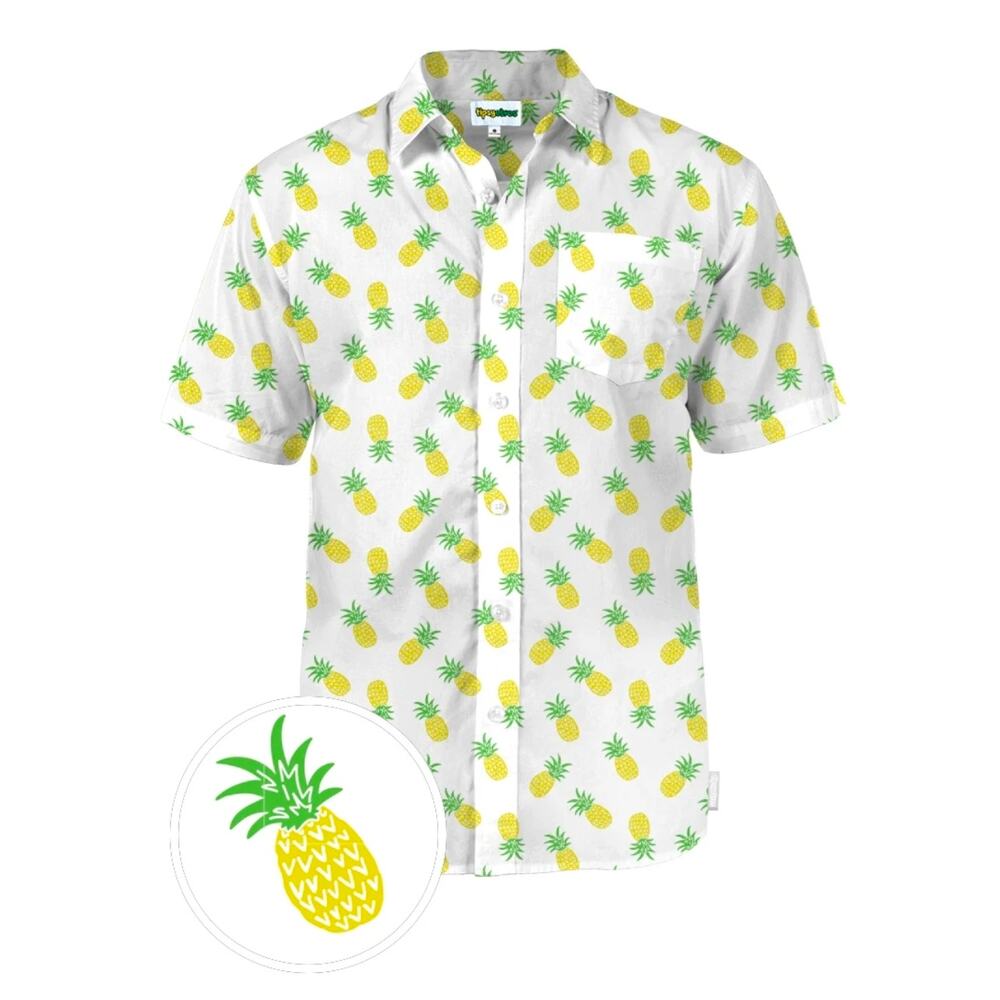 Sz XL TIPSY ELVES White Pineapple Print Short Sleeve Button Down Hawaiian Shirt
